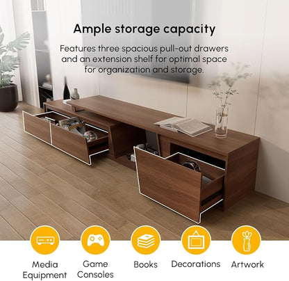 homary Media Console Walnut, Extendable TV Stands for Living Room, Minimalist Entertainment Center with 3 Drawers, Adjustable TV Stand for Up to 110 Inch TVs
