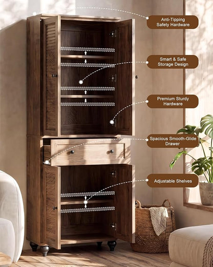 80" Tall Storage Cabinet with Louvered Doors and Adjustable Shelves, Farmhouse Kitchen Pantry Cabinet, Freestanding Storage for Dining Room, Living Room, Home Office, Bathroom, Cracked Oak