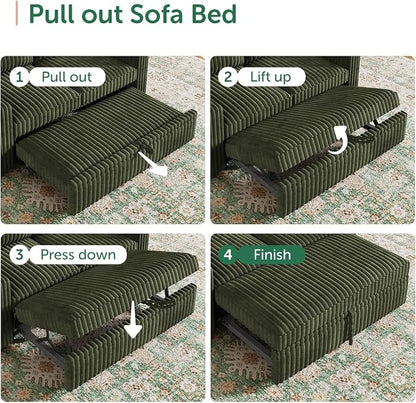 HONBAY Modular Sectional Sofa with Pull Out Bed,Corduroy L Shaped Sleeper Sofa with Storage, Sectional Couches for Living Room,Green