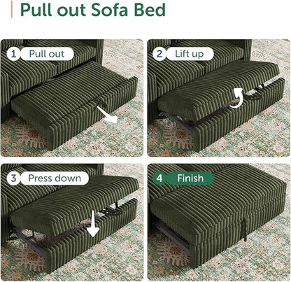 HONBAY Modular Pull Out Sofa Bed,Corduroy Loveseat, Couches for Living Room,Green