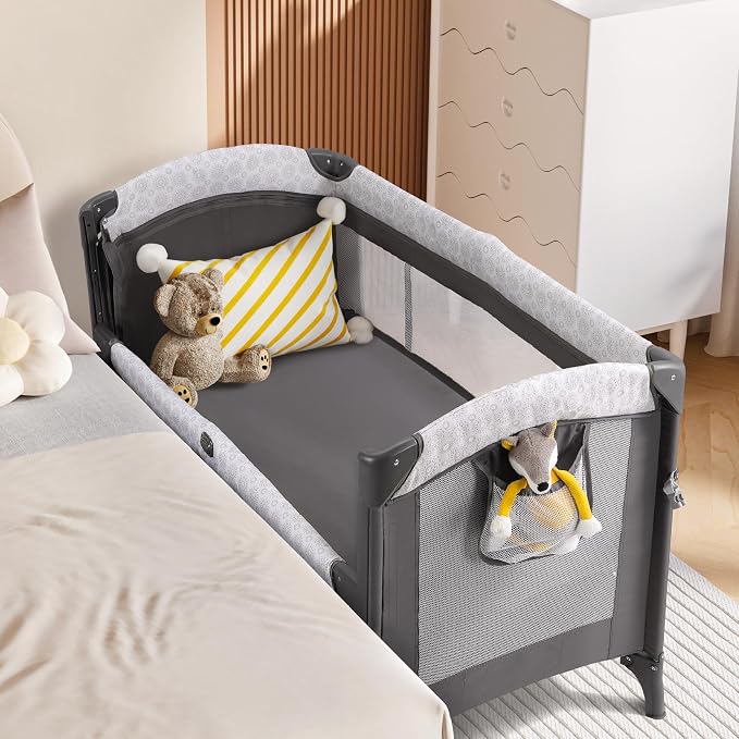 ELEMARA Wide Baby Bassinet Bedside with Diaper Changer,Long Next to Bed Crib with Mattress,Sheet,Music, Playpen Travel Bed with Storage (3 in 1 Baby Bassinet, 3 in 1 Full)