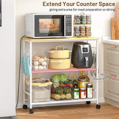 3 Tier Rolling Kitchen Microwave Cart, 33 Inch Microwave Table Stand with Adjustable Shelf, Kitchen Storage Island Utility Cart on Wheels, Bakers Rack Coffee Bar for Living Room, Office, White