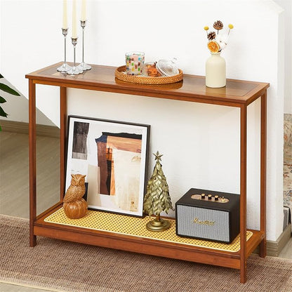 Bamboo Narrow Console Table, 39.4"(L) Wood Small Entryway Table with Rattan and Glass, Accent Slim Hallway Tables, Thin Sofa Side Tables for Hallway, Living Room, Bedroom, Foyer, Walnut