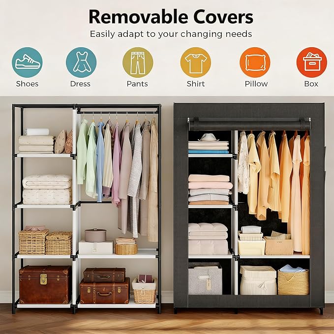 Simple Deluxe Wardrobe with lid, Clothes Rack for Hanging Clothes, 40.7"W x 17.5"D x 64.2"H Garment Rack，Max Load 143LBS，Black Rack with Black Cover