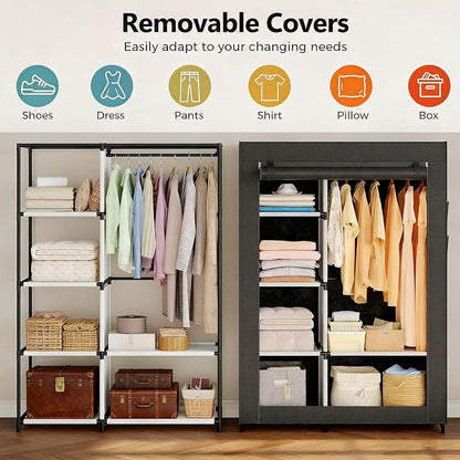 Simple Deluxe Wardrobe with lid, Clothes Rack for Hanging Clothes, 40.7"W x 17.5"D x 64.2"H Garment Rack，Max Load 143LBS，Black Rack with Black Cover