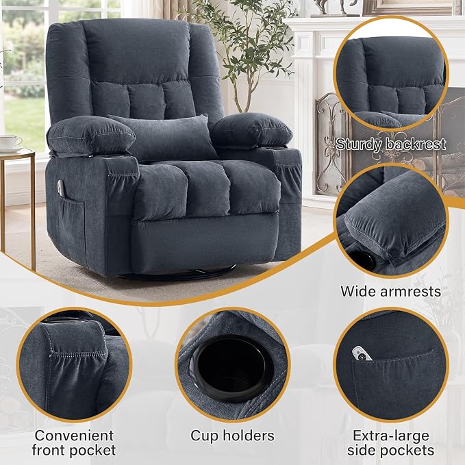 Swivel Recliner Chair for Adults with Vibration Massage and Lumbar Heat , Oversized Ergonomic Rocking Chair for Living Room and Bedroom, Featuring Side Pocket, 2 Cup Holders & USB Charge Port