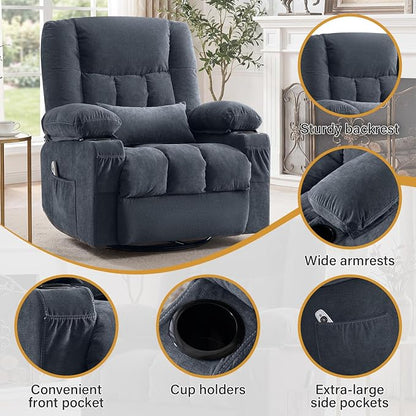Swivel Recliner Chair for Adults with Vibration Massage and Lumbar Heat , Oversized Ergonomic Rocking Chair for Living Room and Bedroom, Featuring Side Pocket, 2 Cup Holders & USB Charge Port