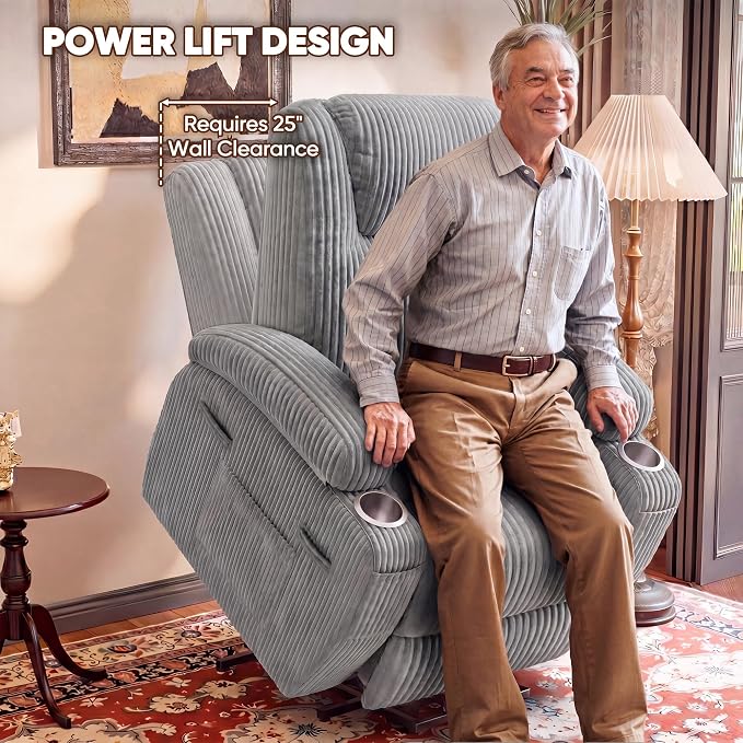 Flamaker Power Lift Recliner Chair Electric Lift Recliner for Elderly Power Lift Recliner Chair with Cup Holders Side Pockets for Living Room (Corduroy, Dark Gray)
