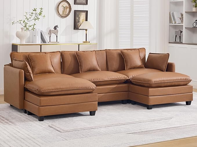 111'' Sectional Cloud Deep Seat Couch, Oversized Leather U Shaped Sectional Sofa for Living Room Set, Comfy Upholstered Modular 5-Seats Sectional Sofa Couch with 2 Movable Ottoman, Leather Light Brown