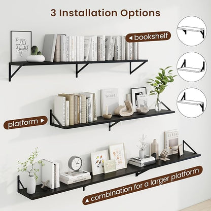 Axeman Deep Floating Shelves | 55 Inch Black Wall Shelves Set of 2 | 10 Inch Deep Wood Floating Shelves for Wall | 55" W x 10" D Black Shelves for Living Room Bathroom Kitchen