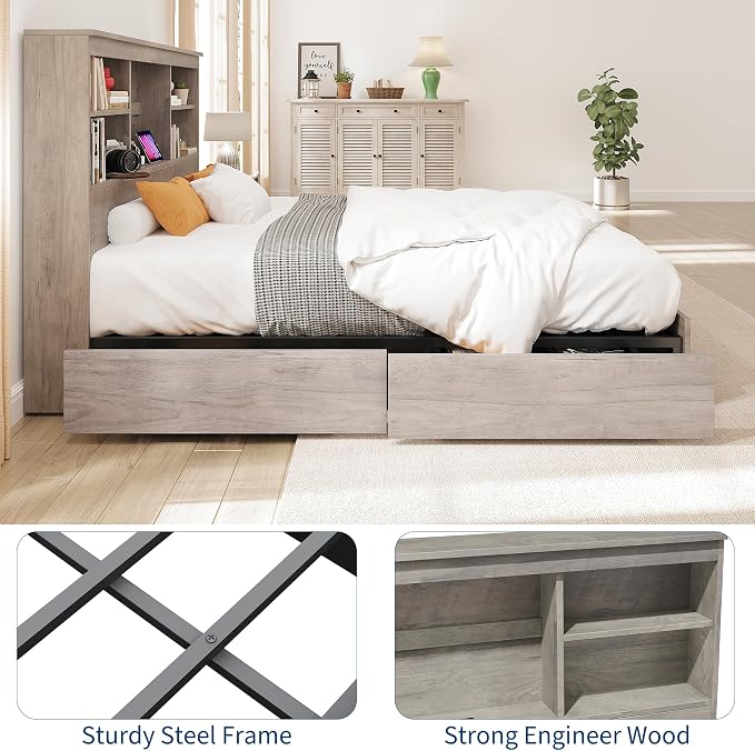 GarveeHome Queen Size Bed Frame with High Storage Bookcase Headboard, Wood Bed Frame with 4 Storage Drawers, Built in Charging Station, No Box Spring Needed, Metal Frame, Noise-Free, Grey