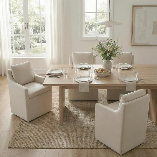 KISLOT Upholstered Dining Chairs Set of 4, Modern Dining Room Chairs with Casters & Washable Cover, Rolling Accent Chair with Hidden Storage for Kitchen, Farmhouse, Living Room, Flax Beige, 4 Box