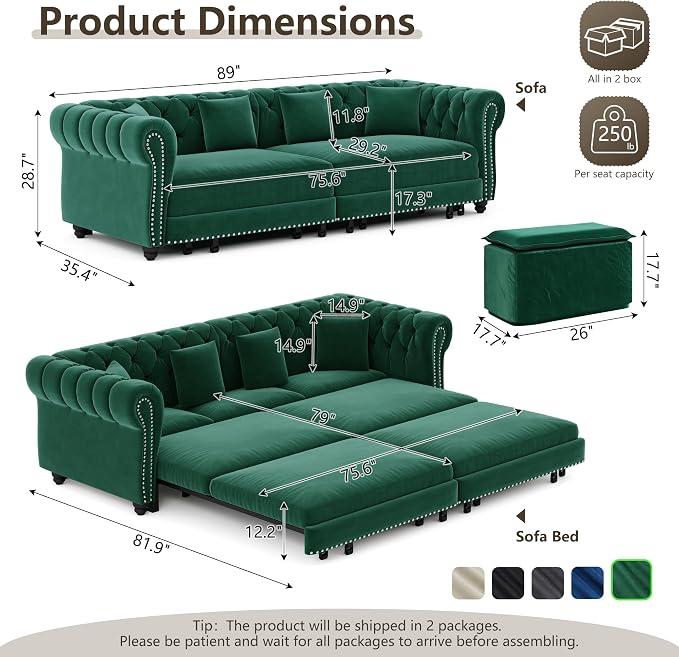 89" Velvet Pull Out Couch Bed - 3-in-1 Convertible Sleeper Sofa with Ottoman, Button Tufted Chesterfield Sofa, King Size Pull Out Sofa Bed, Space Saving for Small Spaces Apartments, Living Room,Green