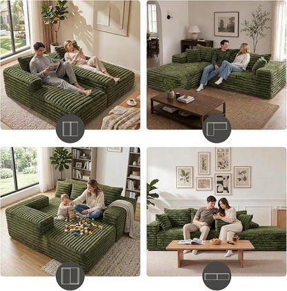 2" Corduroy Boneless Couches for Living Room, L Shape Sofa with Chaise | 102.4" Modular Sectional Sofa, Cloud Couch Sectional with Deep Seat, No Assembly, Green, Left Chaise