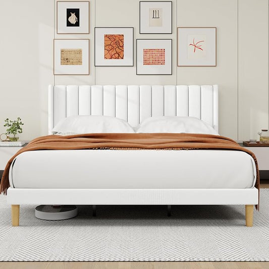 alazyhome Platform Bed Frame King Size with Upholstered Headboard, Solid Wood Slats Support, No Box Spring Needed, Noise Free, Easy Assembly, Modern Fabric Bed, White