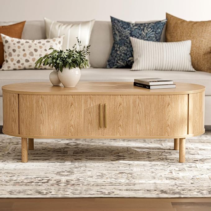 ZttRiee Oval Coffee Table with Sliding Doors, Modern, Natural | 47.24"L x 21.65"W x 16.14"H, 200 lbs capacity, 2 front & back storage areas, ~60 min assembly