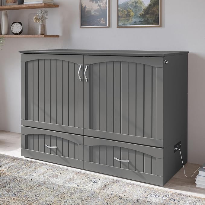 AFI, Southampton Murphy Bed Chest Full with 6" Mattress, Built-in USB Charger & Storage Drawer, Grey