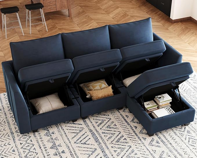 Belffin Convertible Sectional Sofa with Chaise Velvet L Shaped Sofa Couch Modular Sectional Sofa with Storage Blue