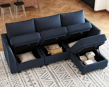 Belffin Convertible Sectional Sofa with Chaise Velvet L Shaped Sofa Couch Modular Sectional Sofa with Storage Blue