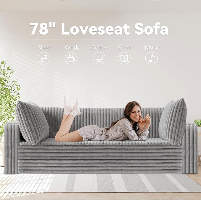 HABUTWAY 78" Loveseat Boneless Couch, 4-in-1 Convertible Sofa Bed, Plush Fur Folding Futon Sofa Bed Couches with 2 Pillows for Living Room, High-Density Foam Support, No Assembly Required, Light Grey