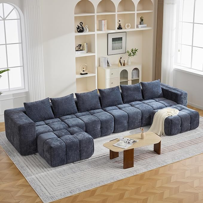 160" Boneless U-Shaped Sofa Couch with 2 Ottoman, 6 Seater Comfy Cloud Sectional Sofas with Deep Seat, Oversized Chenille Sectional Memory Foam Couches for Living Room Bedroom, Tufted Sofa, Blue