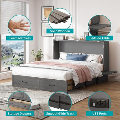 BALUS Queen Murphy Bed, Cabinet Bed with Built-in USB Ports & Storage Drawers, Wood Hidden Wall Beds, Modern Murphy Beds Cabinet Guest Beds for Bedroom/Living Room - (Dark Grey)