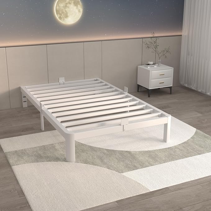 ITIMIDI 10 Inch White Bed Frame Twin Size with Metal Gaskets, Metal White Platform Bed Frame, No Box Spring Needed, Heavy Duty Steel Support 3500 LBS, Anti-Slip Mattress Stopper, Easy Assembly