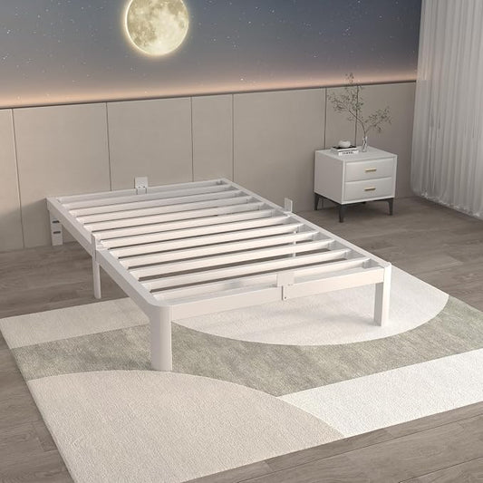 ITIMIDI 10 Inch White Bed Frame Twin Size with Metal Gaskets, Metal White Platform Bed Frame, No Box Spring Needed, Heavy Duty Steel Support 3500 LBS, Anti-Slip Mattress Stopper, Easy Assembly