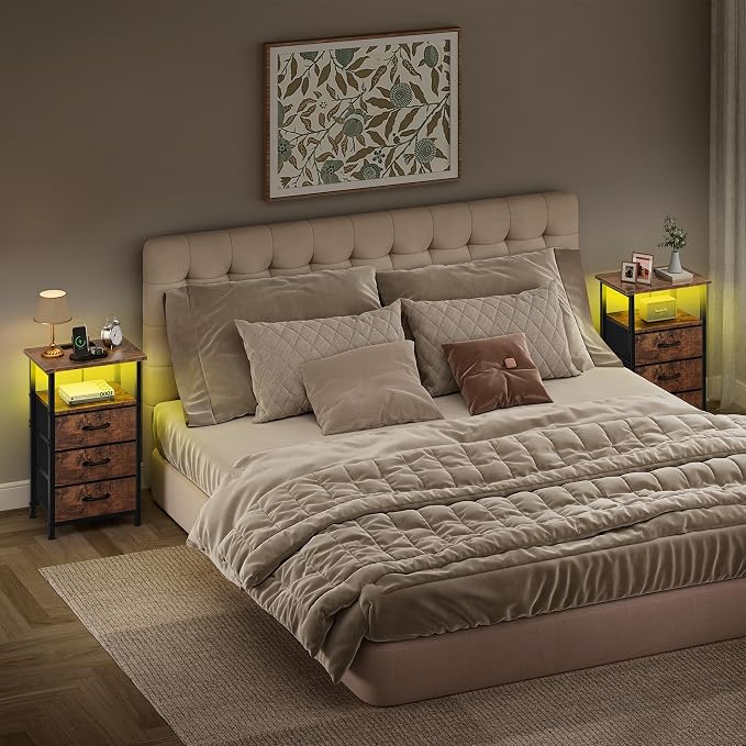 Vagusicc Night stand Set 2 with Charging Station, LED Nightstand for Bedroom, Bedside Table with 3 Fabric Drawer, End Table Side Table with USB Port & Outlets, Bed Side Table for Bedroom, Rustic Brown