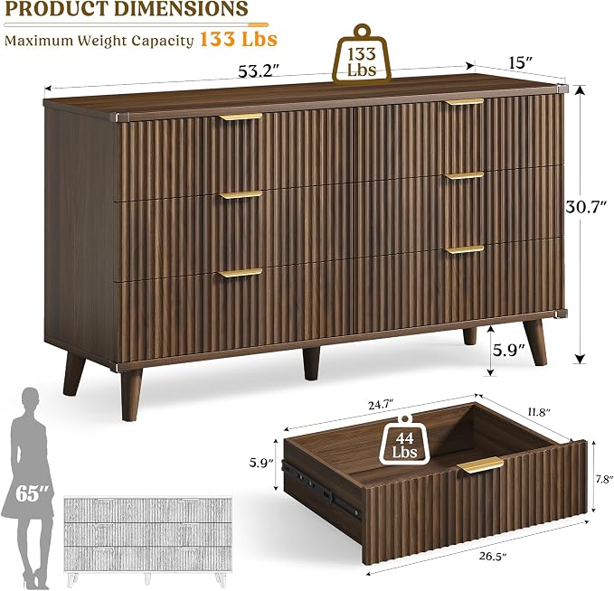 Lulive Modern Dressers and Nightstands Set 4-Piece, 2 Night Stands + 6-Drawer Dresser + 5 Drawers with Charging Station Modern Bedroom Sets Solid Wood Legs Walnut