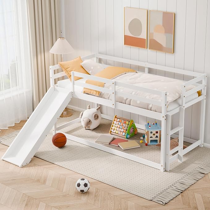 Bunk Bed with Slide, Wooden Bed Frame for Kids, Low Loft Bunk Bed Twin Over Twin with Ladders, Safety Guardrails for Kids, Toddlers, Boys, Girls, Teens, Bedroom (White)