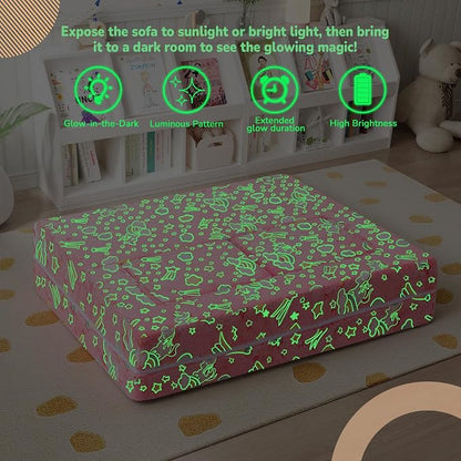 MeMoreCool Colorful Unicorn Glow-in-the-Dark Kids Play Couch, Modular Toddler Couch that Folds Out to Bed, Convertible Foam Loveseat for Girls Bedroom and Playroom