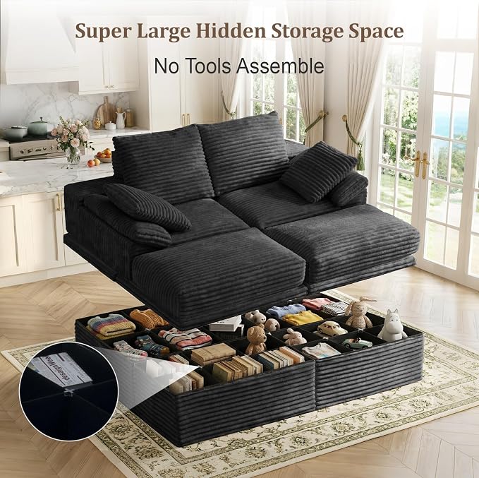 71" Modular Loveseat Sofa with Storage, 2-Seater Boneless Couch with Ottoman, 48" Deep Seat Corduroy Cloud Couch for Small Spaces Apartment, Tool-Free Assembly, Black