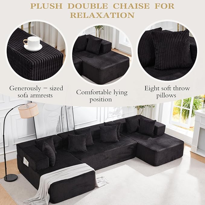 HOMREST 131" Cloud Memory Foam Sofa with Chaise Lounge, Boneless Corduroy Deep Seat Modular Sectional Couch, Large U-Shaped Floor Sofa for Living Room & Apartment, No Assembly Required, Black