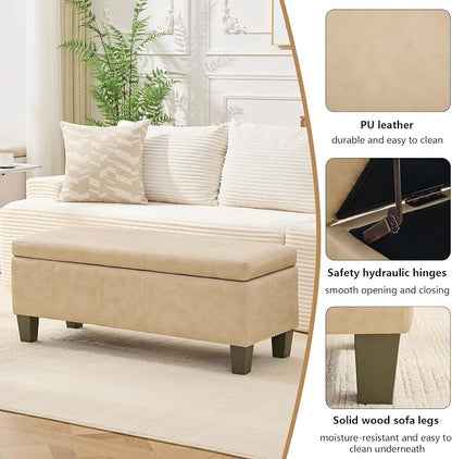41" Storage Ottoman, Storage Bench with Safety Hinge, Upholstered Synthetic Leather Ottoman Bench for Bedroom, Living Room, Entryway, Hallway, Foot Rest, Support 500lbs