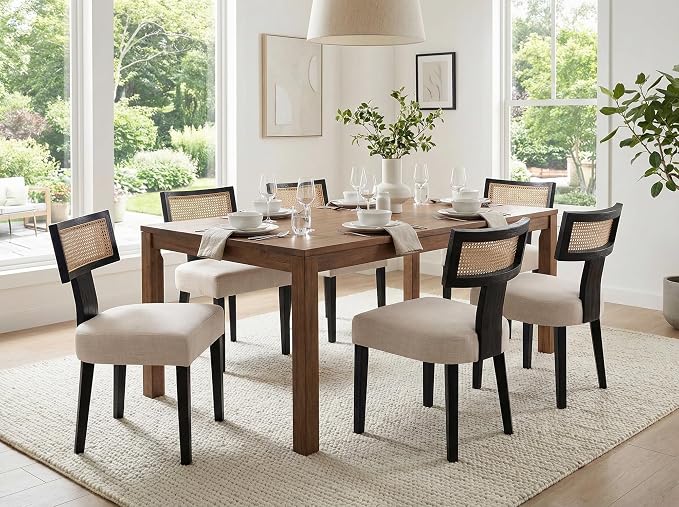 RIVOVA Rattan Dining Chairs Set of 4, Modern Dining Chair, Kitchen Dining Room Chair, Curved Cane Back Upholstered Linen Fabric Dining Chairs with Black Wood Frame, Beige