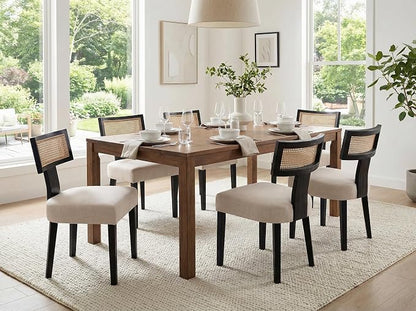 RIVOVA Rattan Dining Chairs Set of 4, Modern Dining Chair, Kitchen Dining Room Chair, Curved Cane Back Upholstered Linen Fabric Dining Chairs with Black Wood Frame, Beige