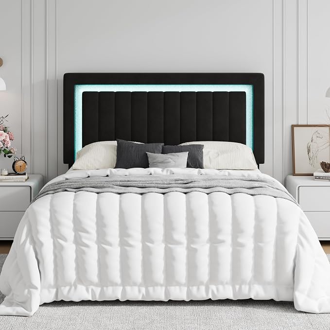 SHA CERLIN Queen Size Velvet Bed Frame with LED Light, Adjustable Vertical Channel Tufted Headboard, Strong Wooden Slats Support, Noise-Free, No Box Spring Needed, Black