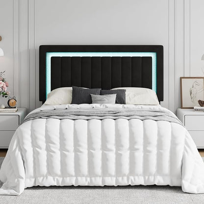 SHA CERLIN Queen Size Velvet Bed Frame with LED Light, Adjustable Vertical Channel Tufted Headboard, Strong Wooden Slats Support, Noise-Free, No Box Spring Needed, Black