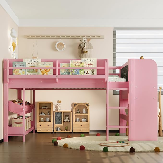 Bellemave Full Size Low loft Bed with Desk and bookcases, Boxes and Drawers for Kids,Wood Modern Farmhouse Kids Loft Bed with Shelf, Pink