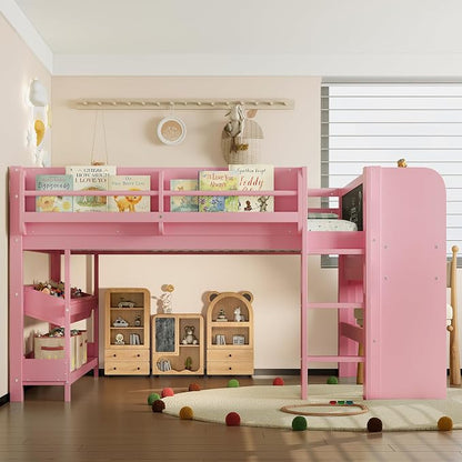 Bellemave Full Size Low loft Bed with Desk and bookcases, Boxes and Drawers for Kids,Wood Modern Farmhouse Kids Loft Bed with Shelf, Pink