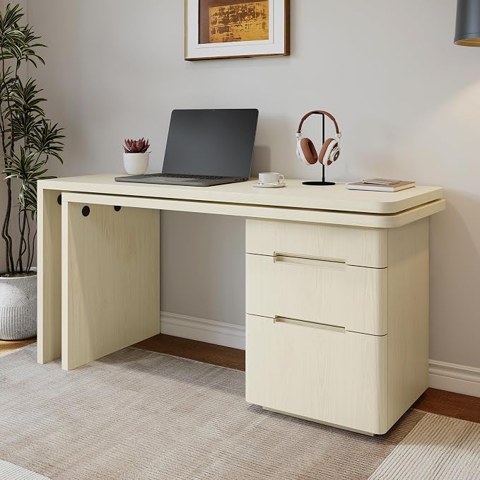 90” Modern L-Shaped Desk with 3 Drawers, 360° Wood Rotating Desk, Workstation for Home Office, Living Room, Natural Wood