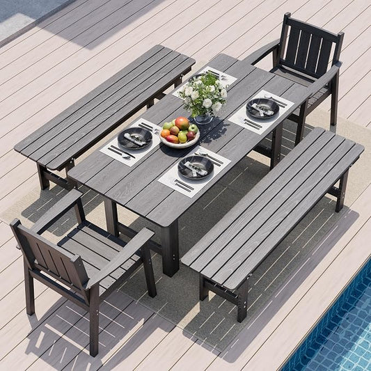 Pamapic 5 PCS Outdoor Dining Set, Spacious HDPE Outdoor Table and Chairs with 2 Bench, Wood Grain Patio Furniture Sets with Elegant Armrest, All-Weather Outdoor Furniture with Umbrella Hole, Gray