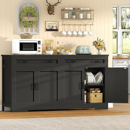 usikey 63" Buffet Cabinet with Storage, Large Sideboard Buffet Cabinet with 2 Adjustable Shelves and 4 Doors, Modern Farmhouse Coffee Bar for Kitchen, Living Room, Black