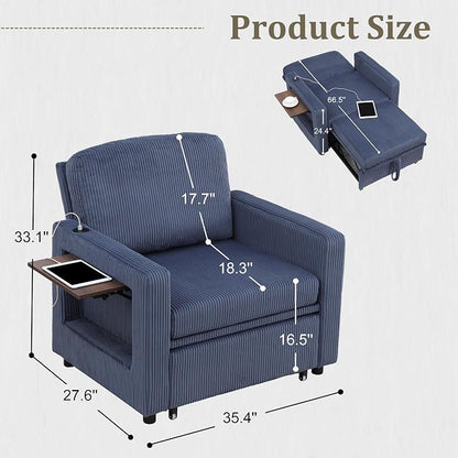 3 in 1 Folding Convertible Sleeper Sofa Bed Pull Out Couch with Side Pockets USB Port Side Table Single Sofa Bed with Adjustable Backrest for Living Room Bedroom 66" Blue 1 SEAT
