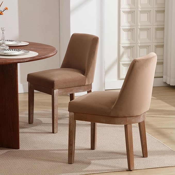 RIVOVA Upholstered Dining Chairs Set of 2, Modern Wooden Dining Room Chair Linen Fabric Kitchen Chairs Farmhouse Dinner Chair with Hardwood Frame, Khaki