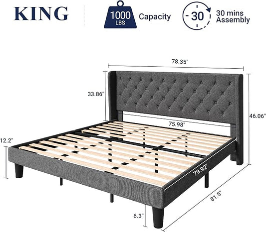 Allewie King Size Upholstered Platform Bed Frame with Wingback and Button Tufted Headboard for Reading, Strong Wood Slat Support, Modern Design, Easy Assembly, Dark Grey