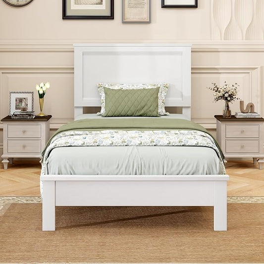GOFLAME Twin Size Wood Bed Frame, Mid-Century Modern Platform Bed with Headboard, Solid Wood Legs, Mattress Foundation with 12 Wooden Slats, No Box Spring Needed, White