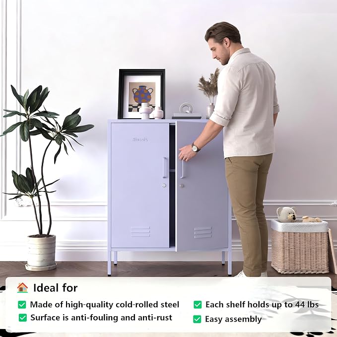 Purple 3 Tier Metal Storage Cabinet with Legs, Lockable 2 Door Metal Locker, Heavy Duty Multipurpose Accent Storage Cabinet with 2 Adjustable Shelves for Home, Office, Entryway and Hallway