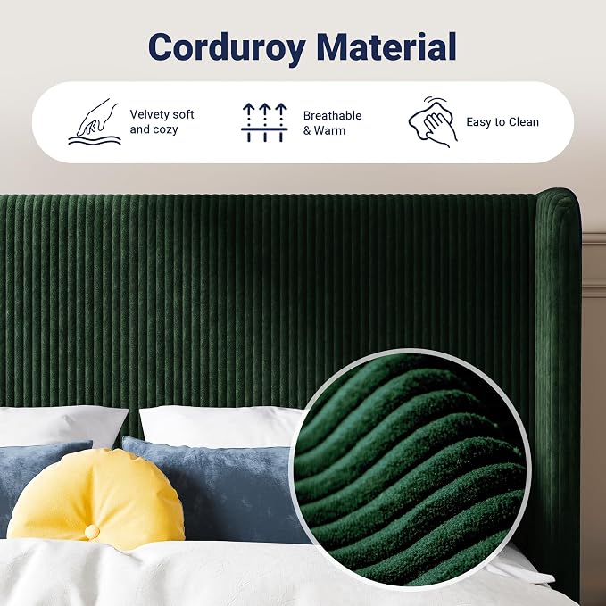Allewie King Size Bed Frame with Upholstered Wingback Headboard, Vertical Channel Tufted Corduroy Velvet Platform Bed, Strong Wooden Slats Support, No Box Spring Needed, Easy Assembly, Dark Green